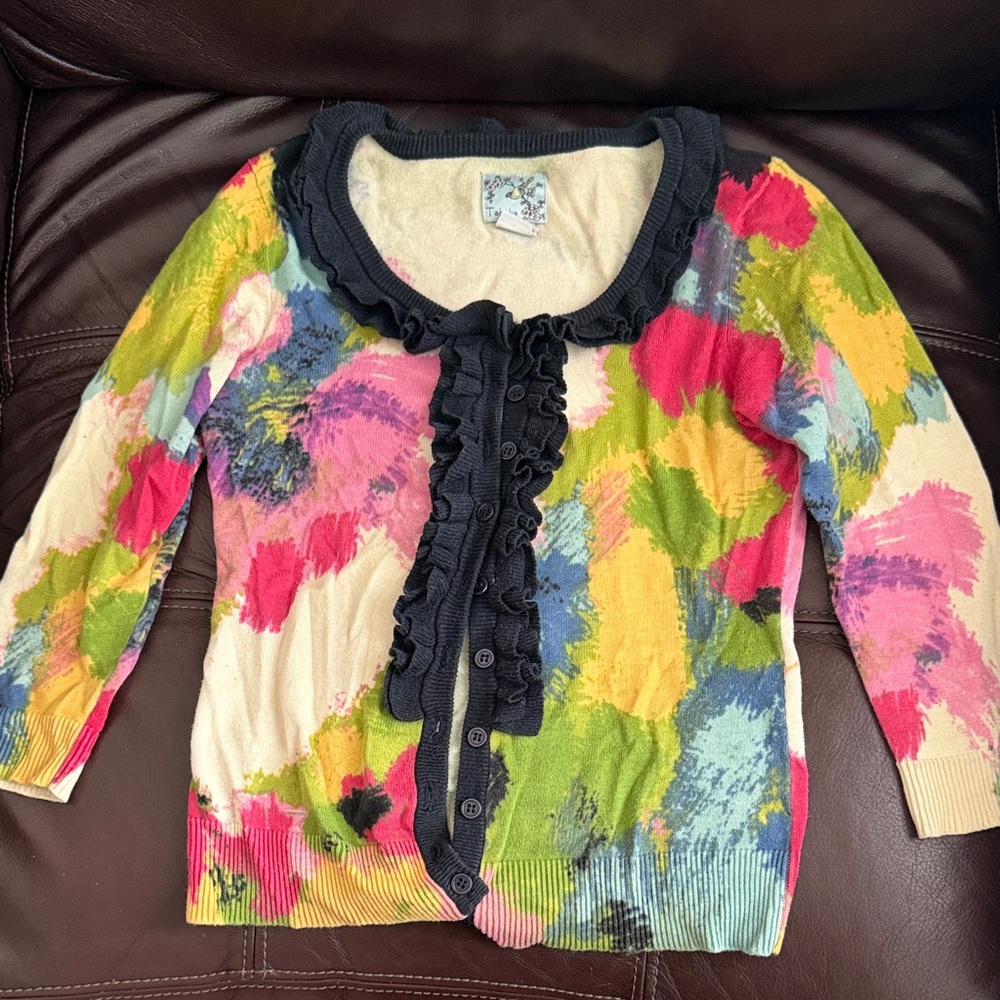 Tabitha Colorful Brushstroke Ruffle Cardigan with Black Trim